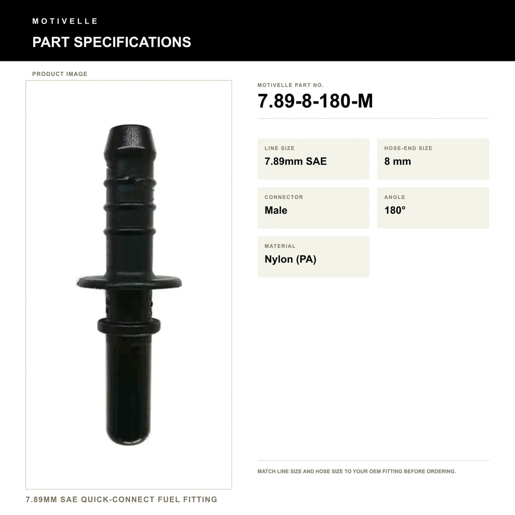 Motivelle 7.89mm SAE Quick-Connect Fuel Fitting — Male, 180° (7.89-8-180-M) - specifications
