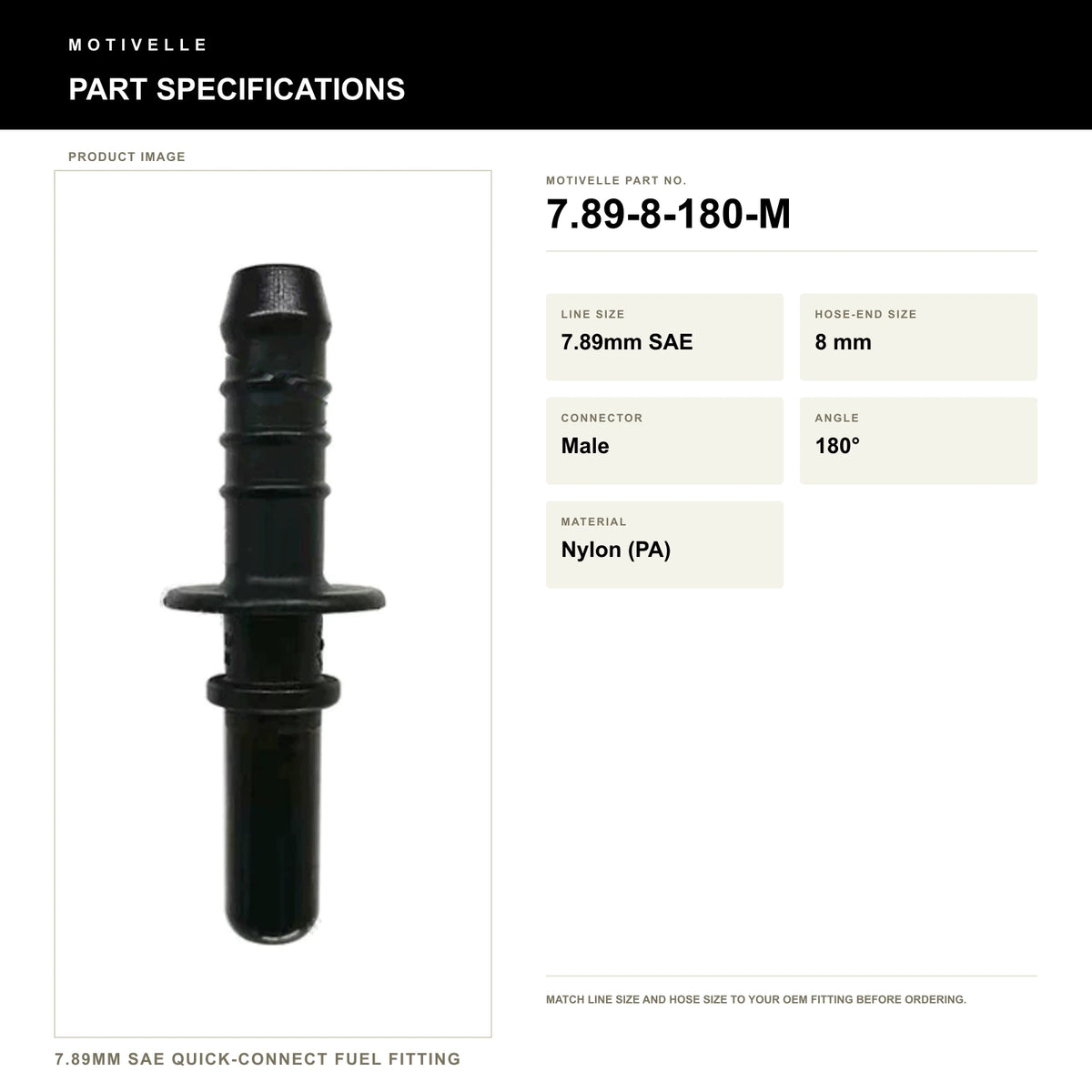 Motivelle 7.89mm SAE Quick-Connect Fuel Fitting — Male, 180° (7.89-8-180-M) - specifications