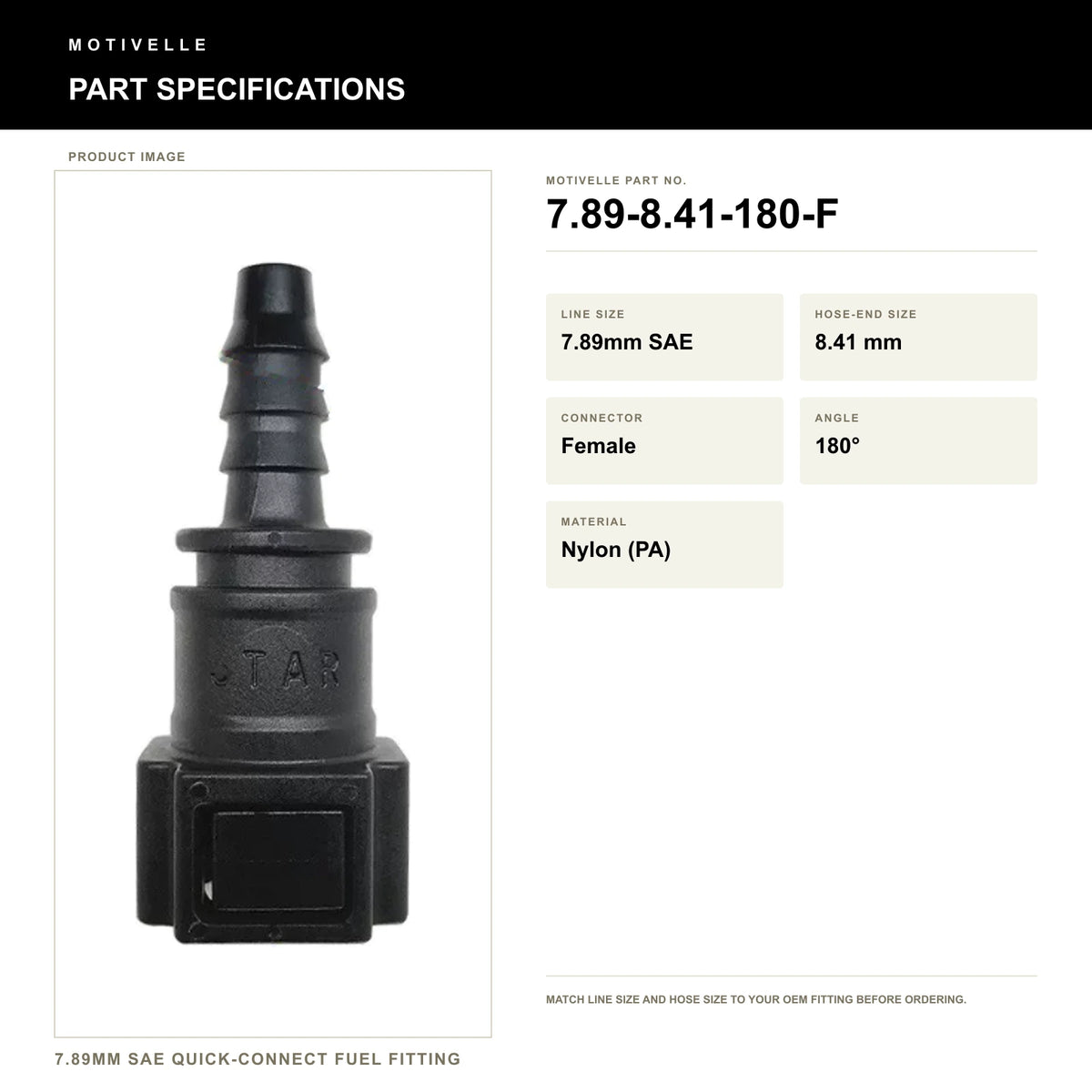 Motivelle 7.89mm SAE Quick-Connect Fuel Fitting — Female, 180° (7.89-8.41-180-F) - specifications