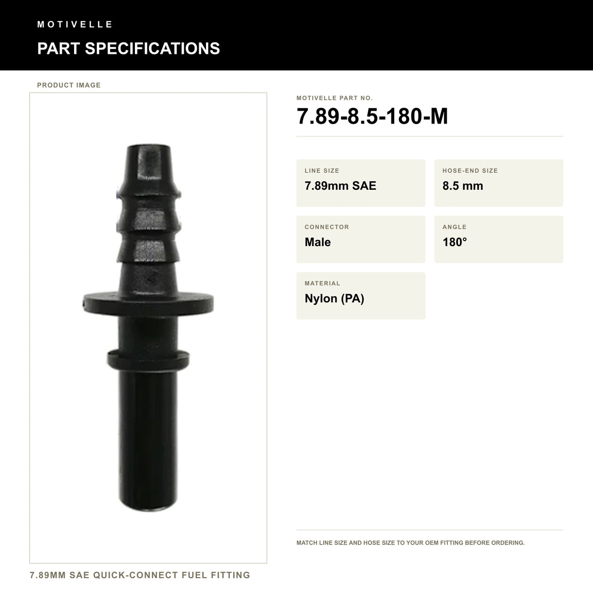 Motivelle 7.89mm SAE Quick-Connect Fuel Fitting — Male, 180° (7.89-8.5-180-M) - specifications