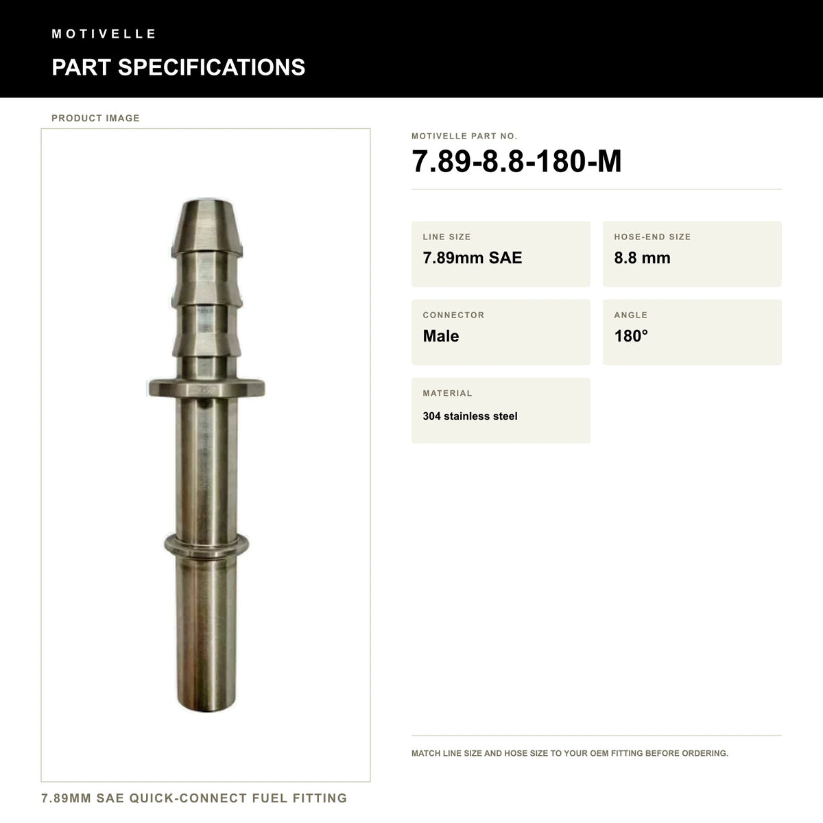 Motivelle 7.89mm SAE Quick-Connect Fuel Fitting — Male, 180° (7.89-8.8-180-M) - specifications