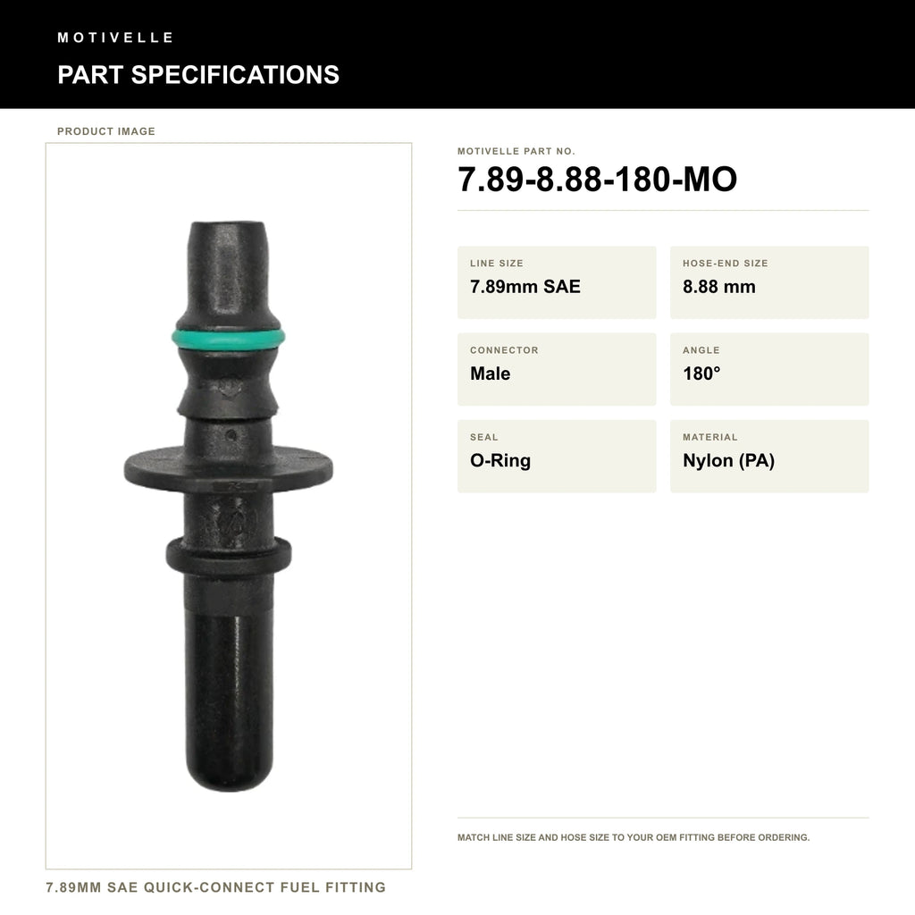 Motivelle 7.89mm SAE Quick-Connect Fuel Fitting — Male, 180°, O-Ring (7.89-8.88-180-MO) - specifications