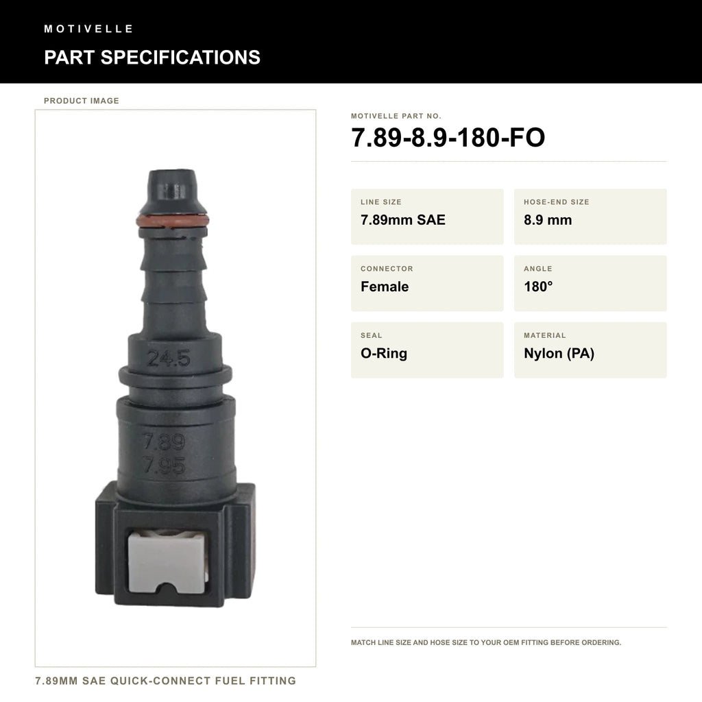 Motivelle 7.89mm SAE Quick-Connect Fuel Fitting — Female, 180°, O-Ring (7.89-8.9-180-FO) - specifications