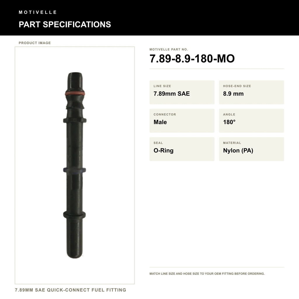 Motivelle 7.89mm SAE Quick-Connect Fuel Fitting — Male, 180°, O-Ring (7.89-8.9-180-MO) - specifications