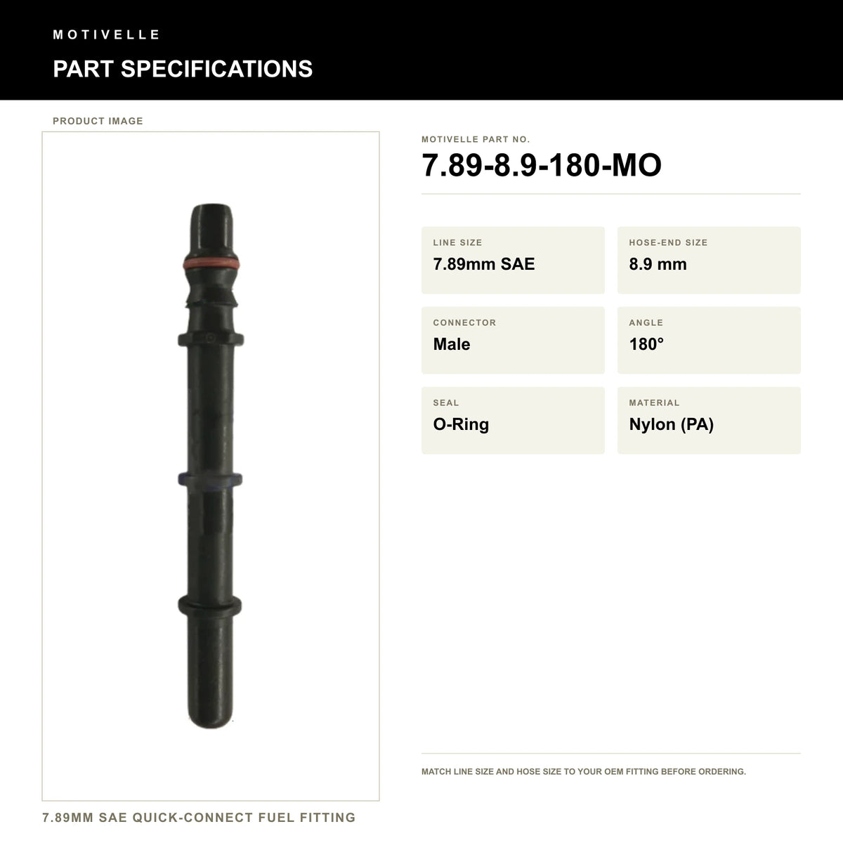 Motivelle 7.89mm SAE Quick-Connect Fuel Fitting — Male, 180°, O-Ring (7.89-8.9-180-MO) - specifications