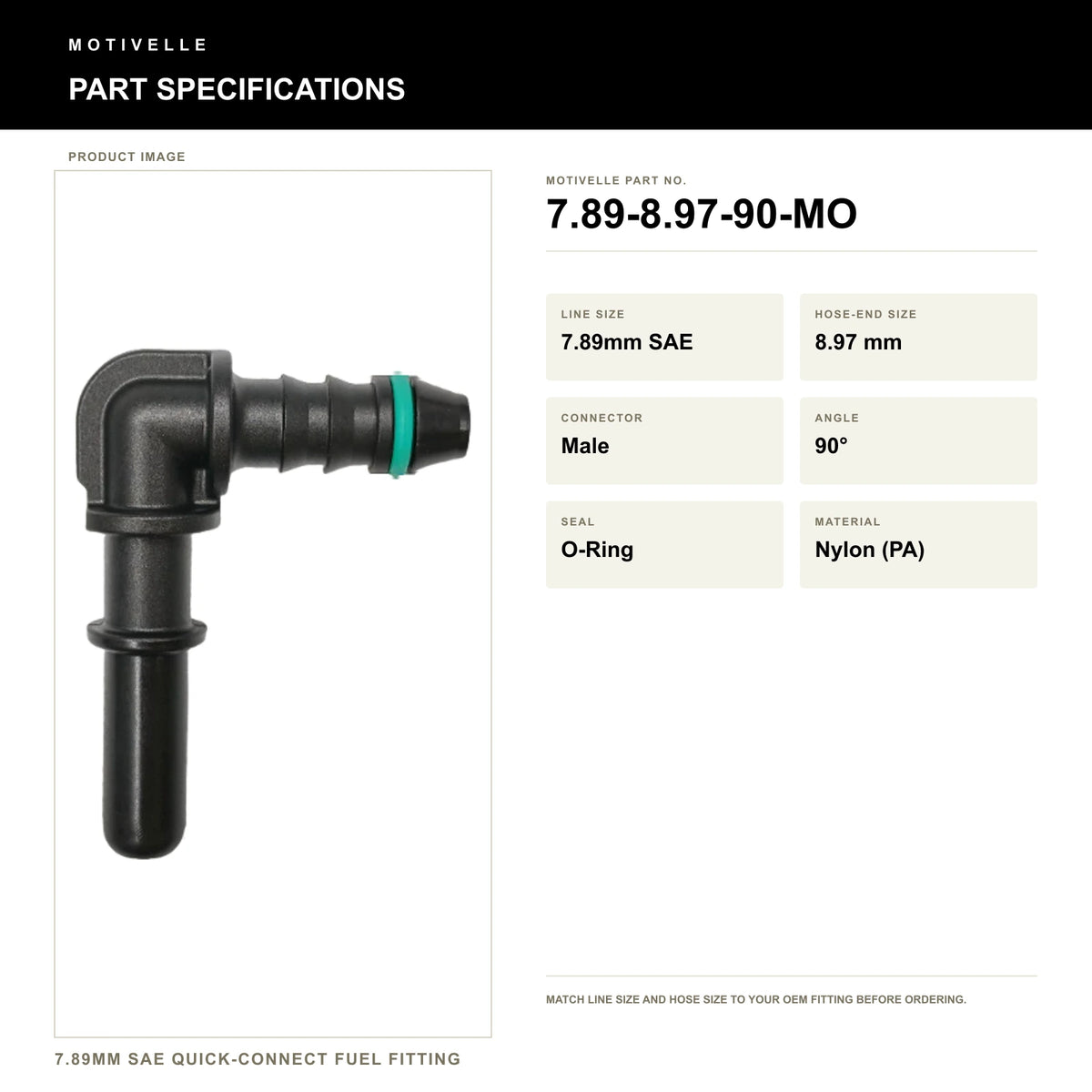 Motivelle 7.89mm SAE Quick-Connect Fuel Fitting — Male, 90°, O-Ring (7.89-8.97-90-MO) - specifications