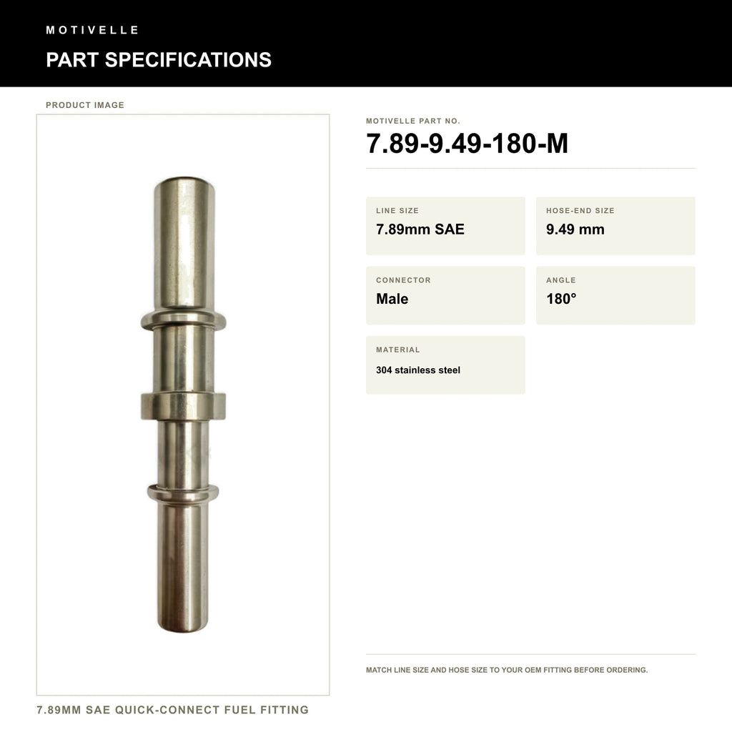 Motivelle 7.89mm SAE Quick-Connect Fuel Fitting — Male, 180° (7.89-9.49-180-M) - specifications