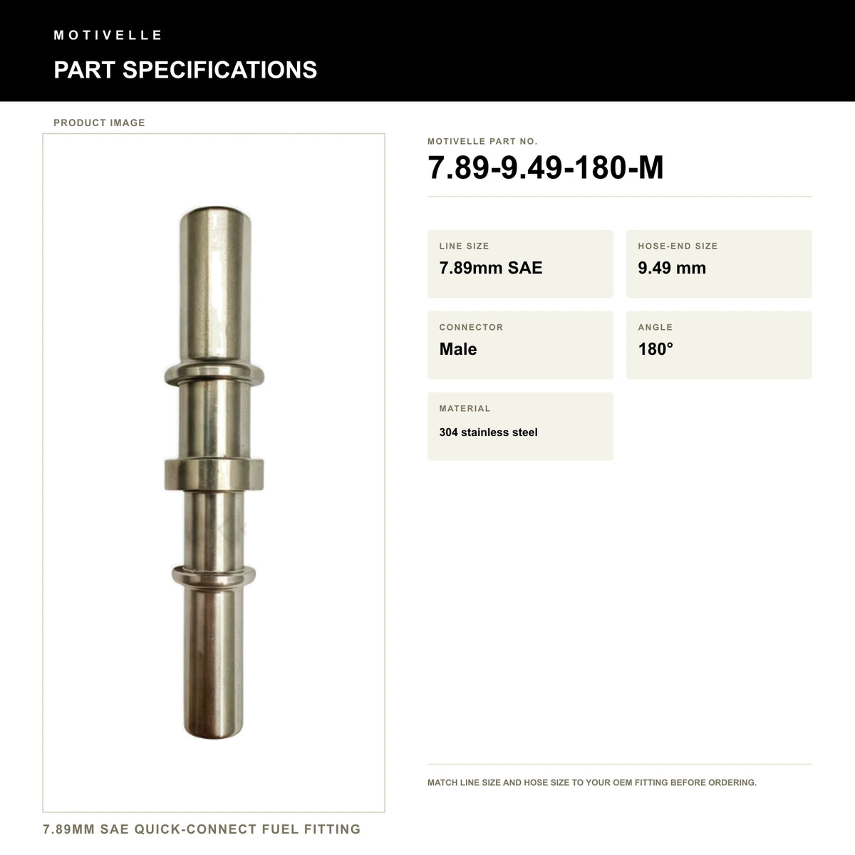 Motivelle 7.89mm SAE Quick-Connect Fuel Fitting — Male, 180° (7.89-9.49-180-M) - specifications