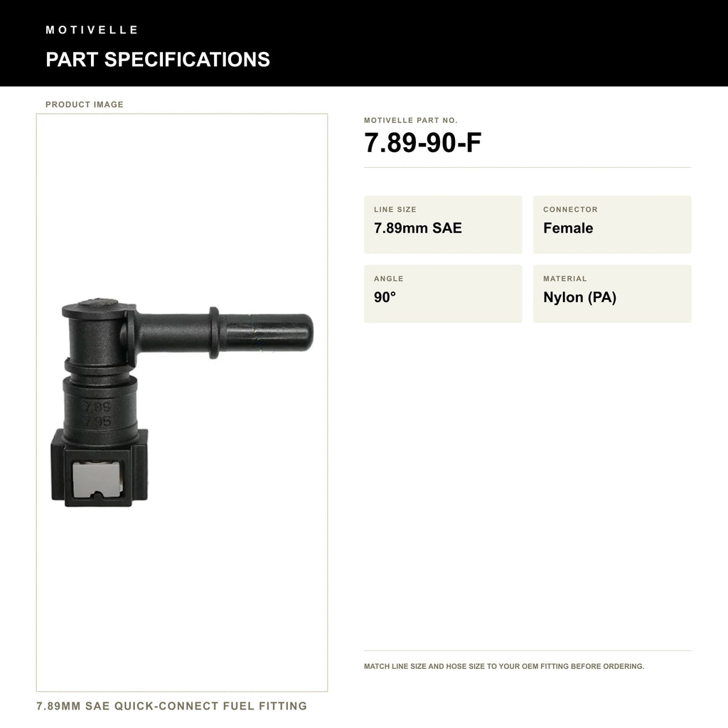 Motivelle 7.89mm SAE Quick-Connect Fuel Fitting — Female, 90° (7.89-90-F) - specifications