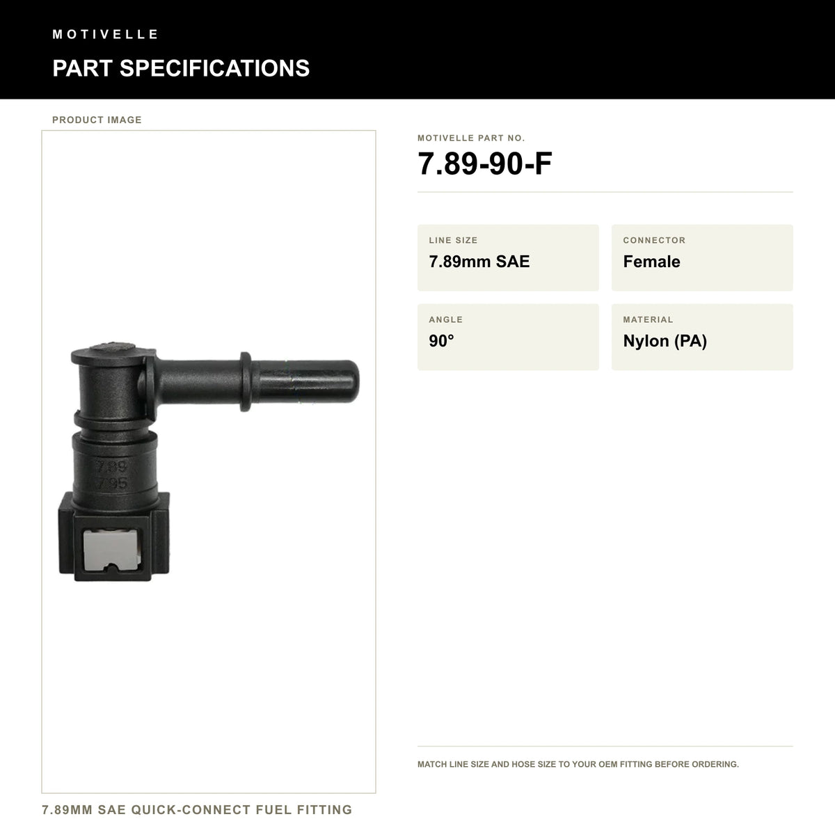 Motivelle 7.89mm SAE Quick-Connect Fuel Fitting — Female, 90° (7.89-90-F) - specifications