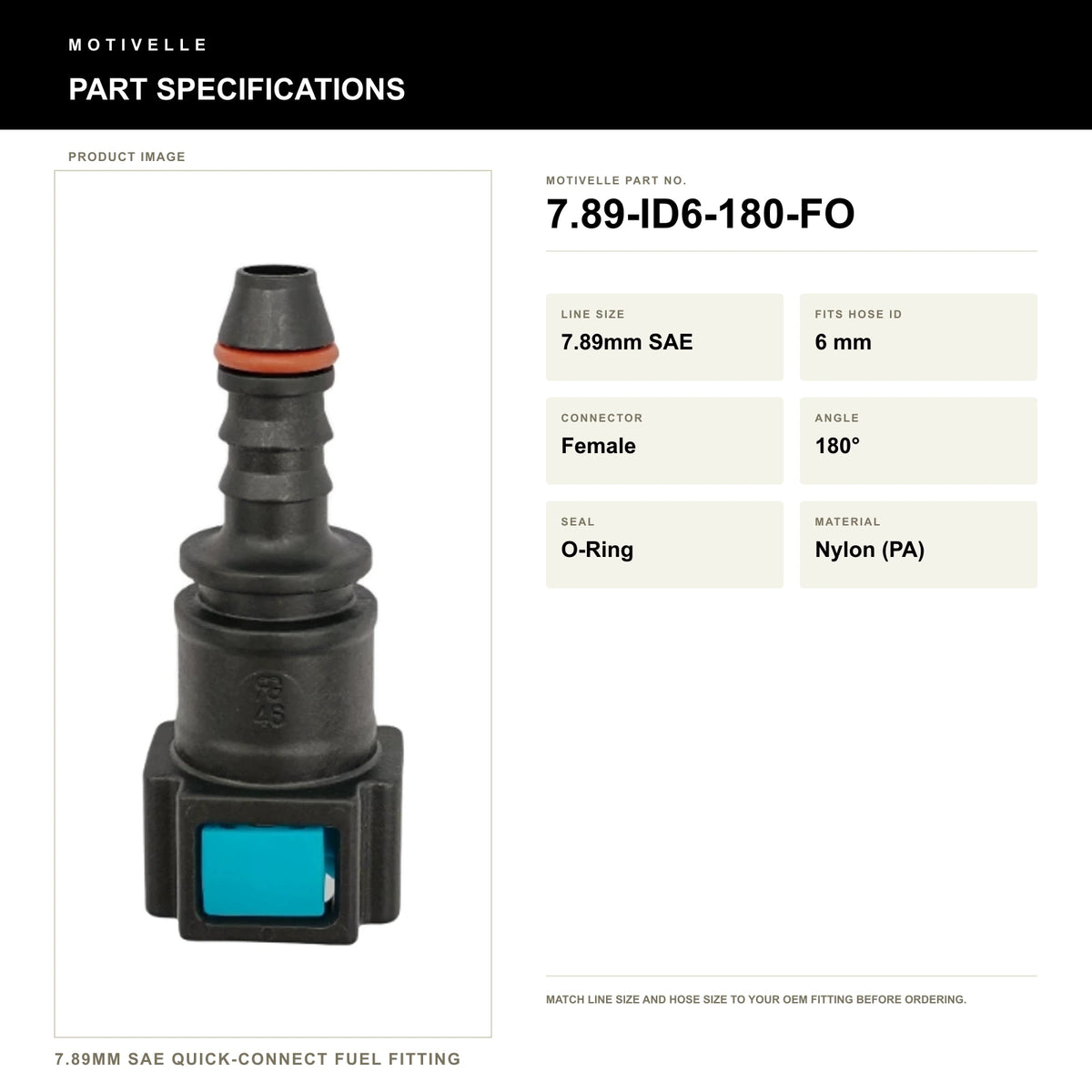 Motivelle 7.89mm SAE Quick-Connect Fuel Fitting — Female, 180°, O-Ring (7.89-ID6-180-FO) - specifications