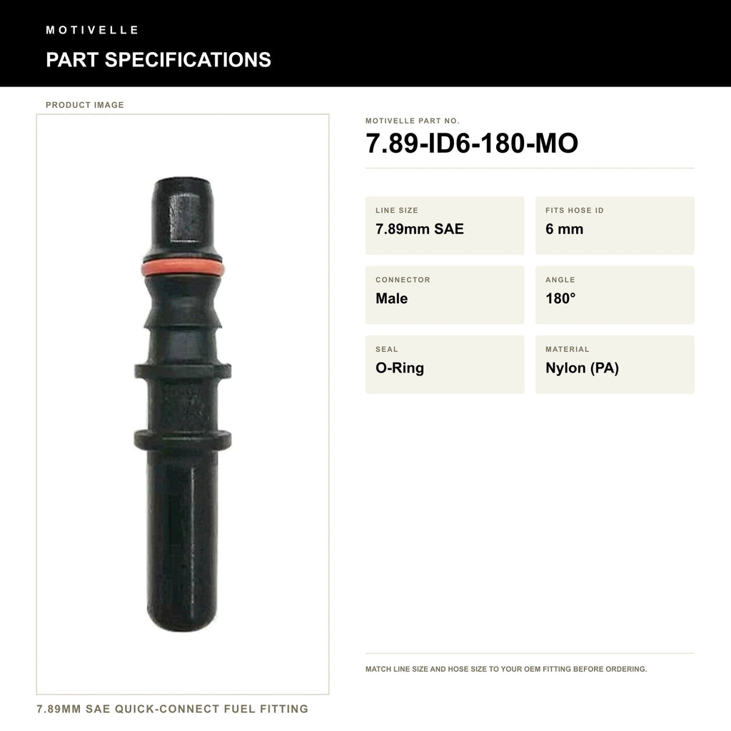 Motivelle 7.89mm SAE Quick-Connect Fuel Fitting — Male, 180°, O-Ring (7.89-ID6-180-MO) - specifications