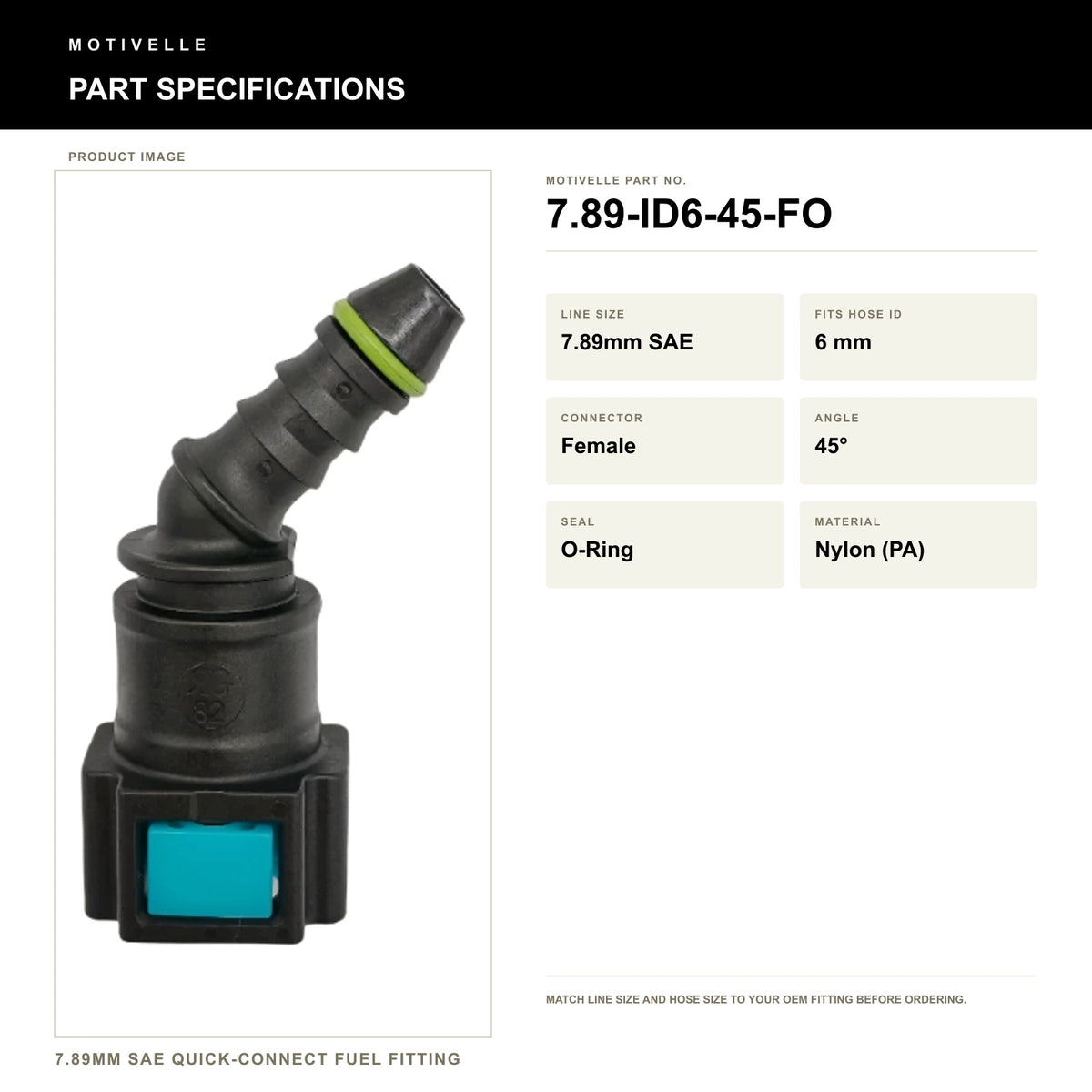 Motivelle 7.89mm SAE Quick-Connect Fuel Fitting — Female, 45°, O-Ring (7.89-ID6-45-FO) - specifications