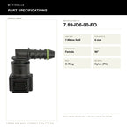 Motivelle 7.89mm SAE Quick-Connect Fuel Fitting — Female, 90°, O-Ring (7.89-ID6-90-FO) - specifications