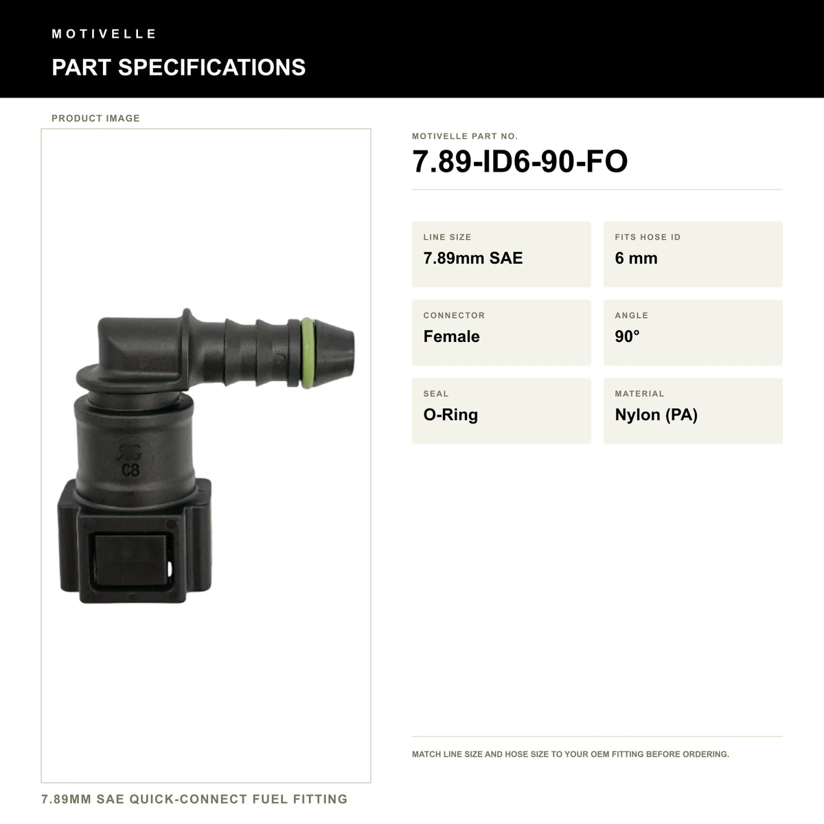 Motivelle 7.89mm SAE Quick-Connect Fuel Fitting — Female, 90°, O-Ring (7.89-ID6-90-FO) - specifications