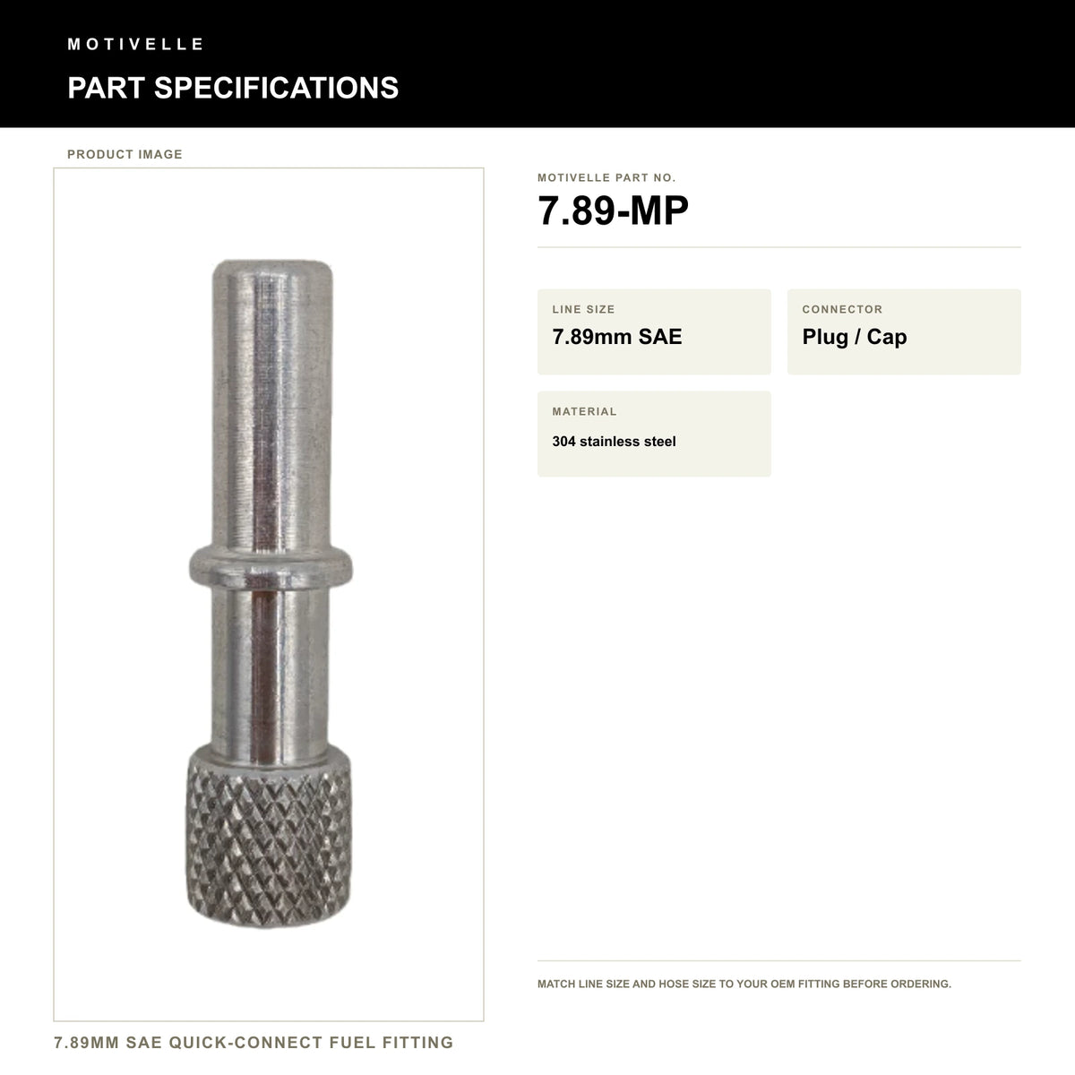 Motivelle 7.89mm SAE Quick-Connect Fuel Fitting — Plug / Cap, See SKU (7.89-MP) - specifications