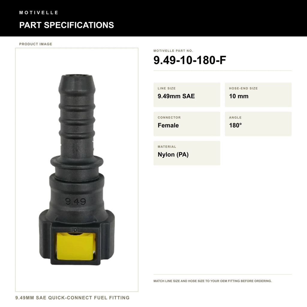 Motivelle 9.49mm SAE Quick-Connect Fuel Fitting — Female, 180° (9.49-10-180-F) - specifications