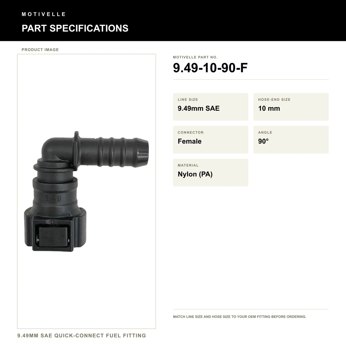 Motivelle 9.49mm SAE Quick-Connect Fuel Fitting — Female, 90° (9.49-10-90-F) - specifications