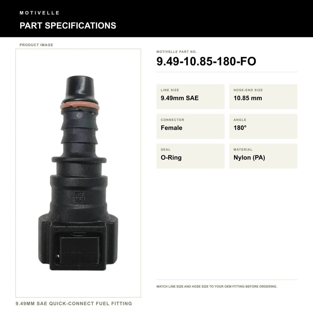 Motivelle 9.49mm SAE Quick-Connect Fuel Fitting — Female, 180°, O-Ring (9.49-10.85-180-FO) - specifications