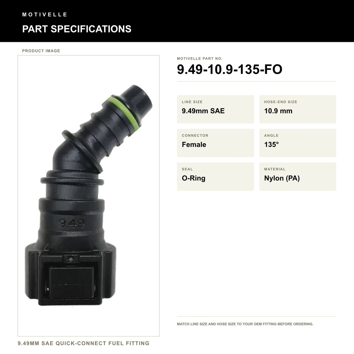 Motivelle 9.49mm SAE Quick-Connect Fuel Fitting — Female, 135°, O-Ring (9.49-10.9-135-FO) - specifications