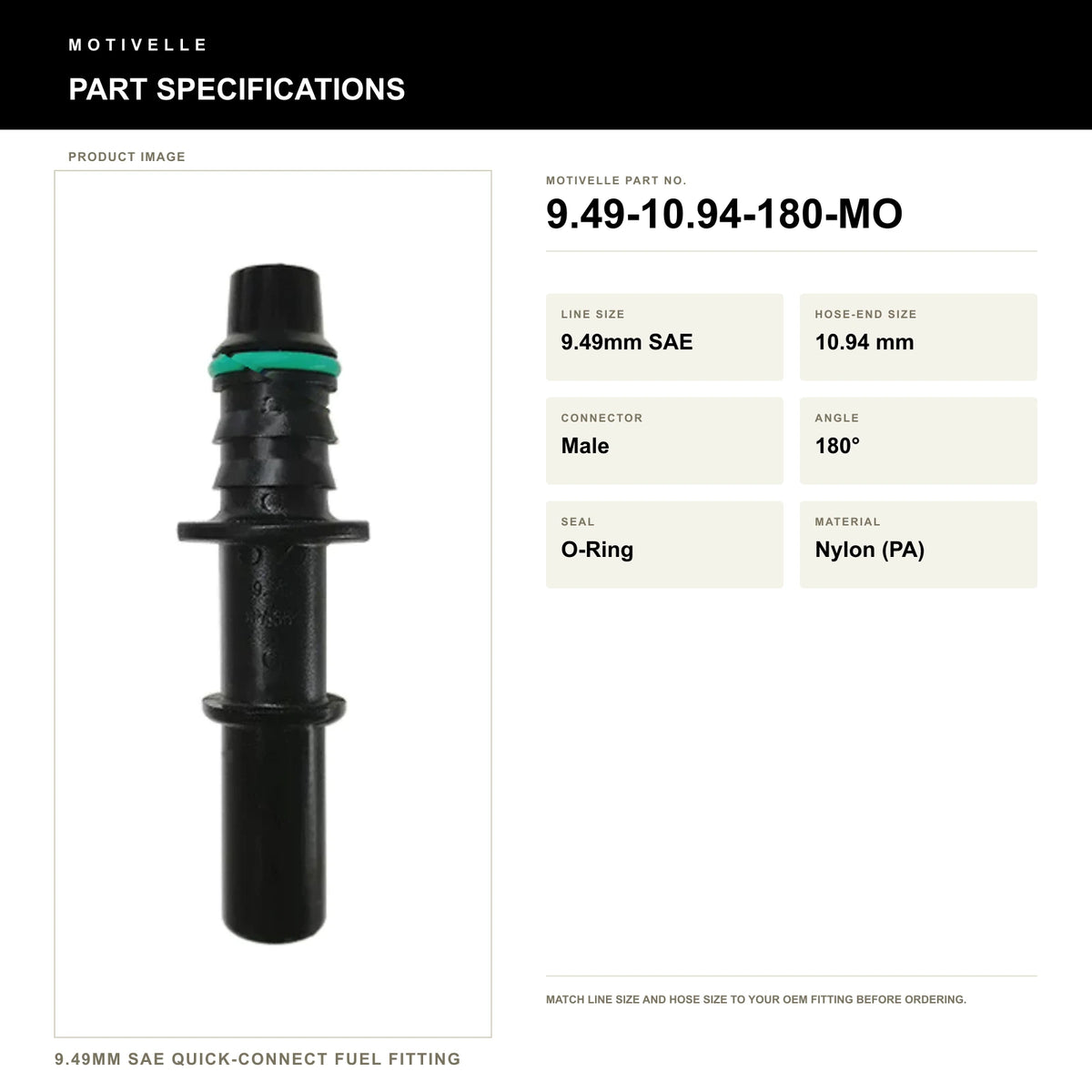 Motivelle 9.49mm SAE Quick-Connect Fuel Fitting — Male, 180°, O-Ring (9.49-10.94-180-MO) - specifications