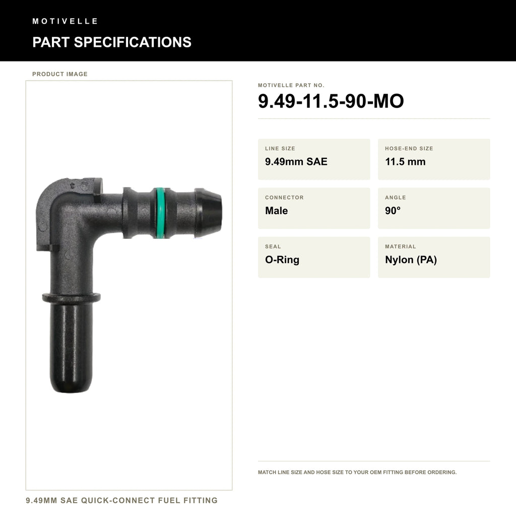 Motivelle 9.49mm SAE Quick-Connect Fuel Fitting — Male, 90°, O-Ring (9.49-11.5-90-MO) - specifications