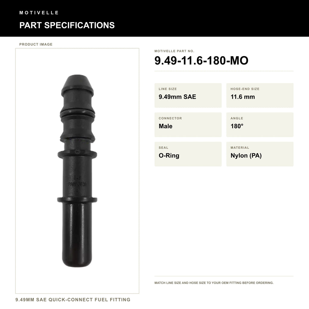 Motivelle 9.49mm SAE Quick-Connect Fuel Fitting — Male, 180°, O-Ring (9.49-11.6-180-MO) - specifications
