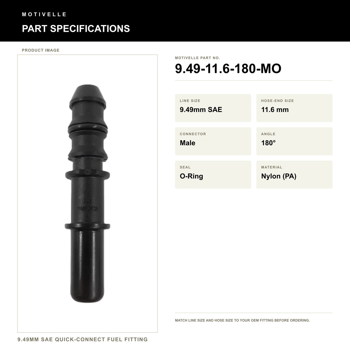 Motivelle 9.49mm SAE Quick-Connect Fuel Fitting — Male, 180°, O-Ring (9.49-11.6-180-MO) - specifications