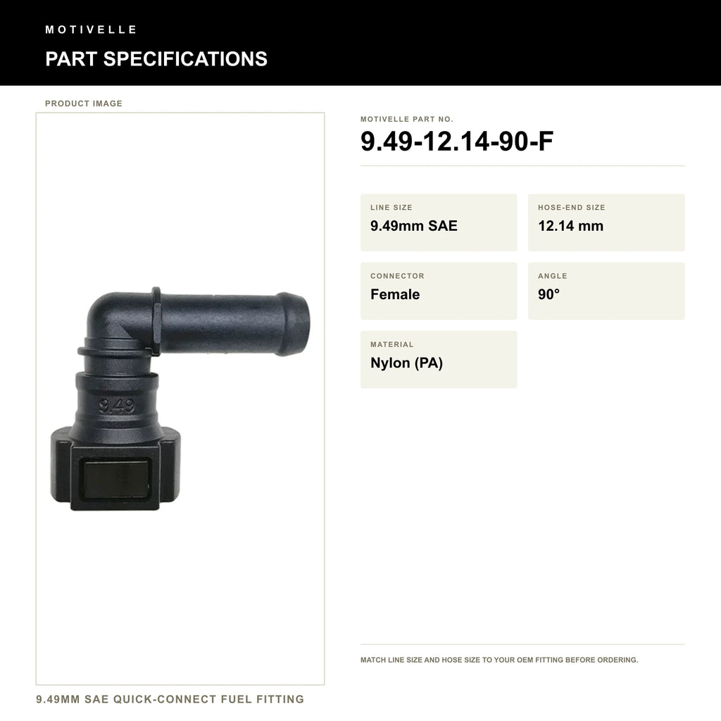 Motivelle 9.49mm SAE Quick-Connect Fuel Fitting — Female, 90° (9.49-12.14-90-F) - specifications