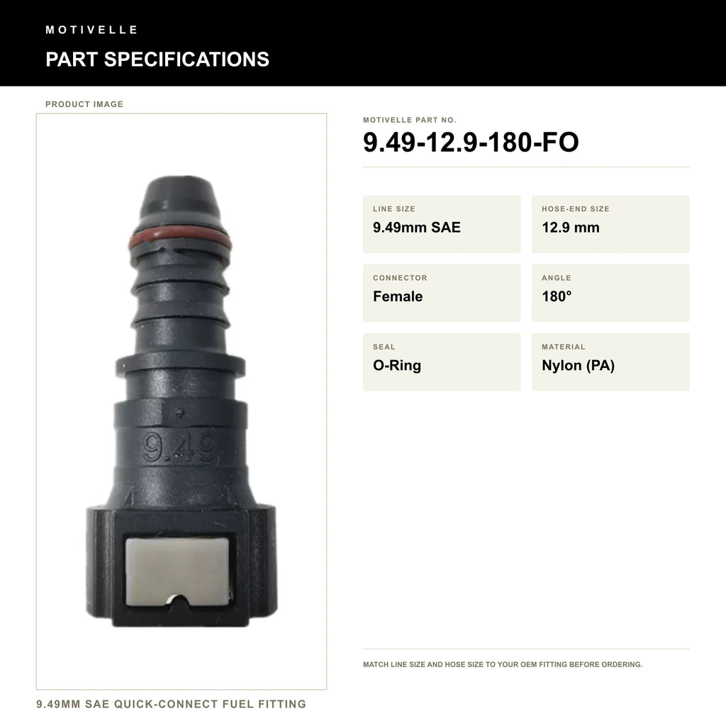 Motivelle 9.49mm SAE Quick-Connect Fuel Fitting — Female, 180°, O-Ring (9.49-12.9-180-FO) - specifications
