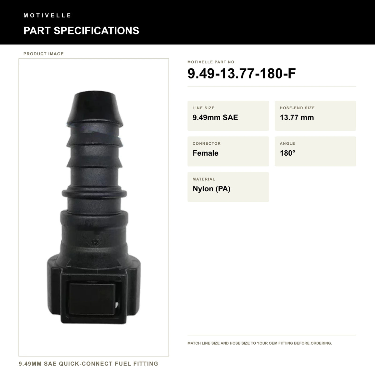 Motivelle 9.49mm SAE Quick-Connect Fuel Fitting — Female, 180° (9.49-13.77-180-F) - specifications