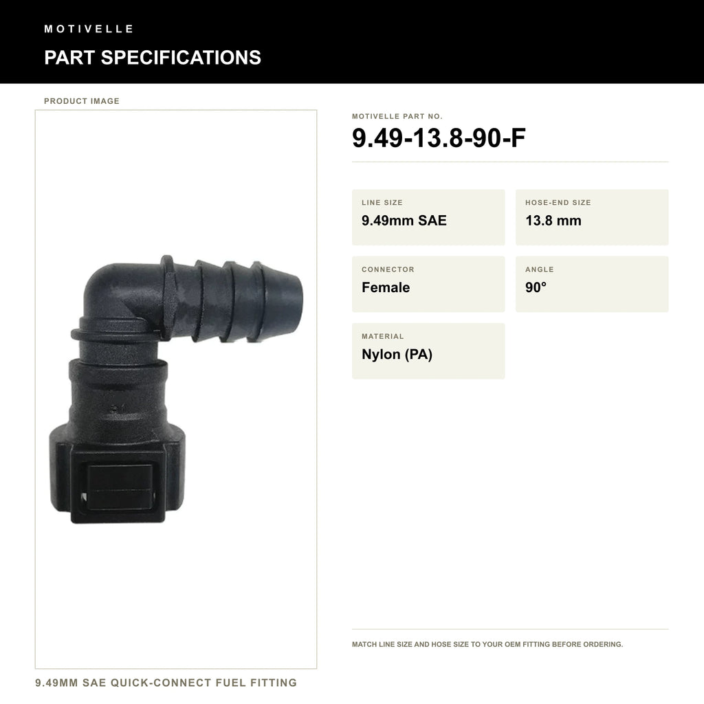 Motivelle 9.49mm SAE Quick-Connect Fuel Fitting — Female, 90° (9.49-13.8-90-F) - specifications