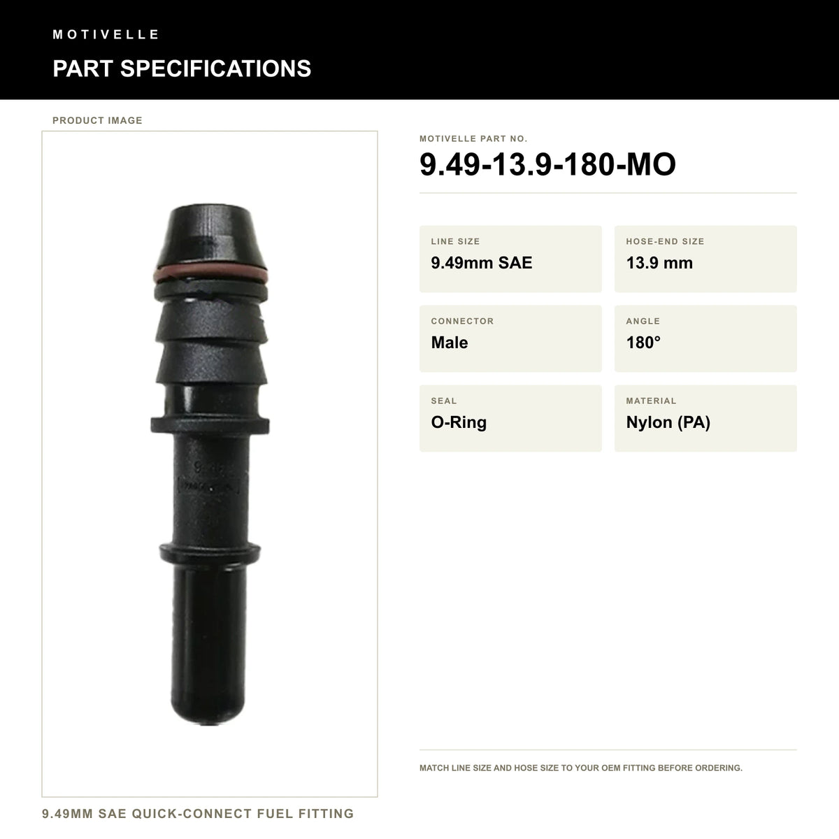 Motivelle 9.49mm SAE Quick-Connect Fuel Fitting — Male, 180°, O-Ring (9.49-13.9-180-MO) - specifications