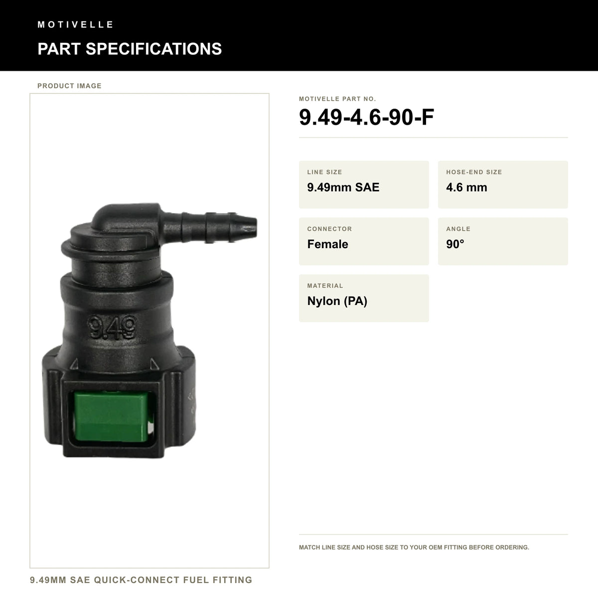Motivelle 9.49mm SAE Quick-Connect Fuel Fitting — Female, 90° (9.49-4.6-90-F) - specifications
