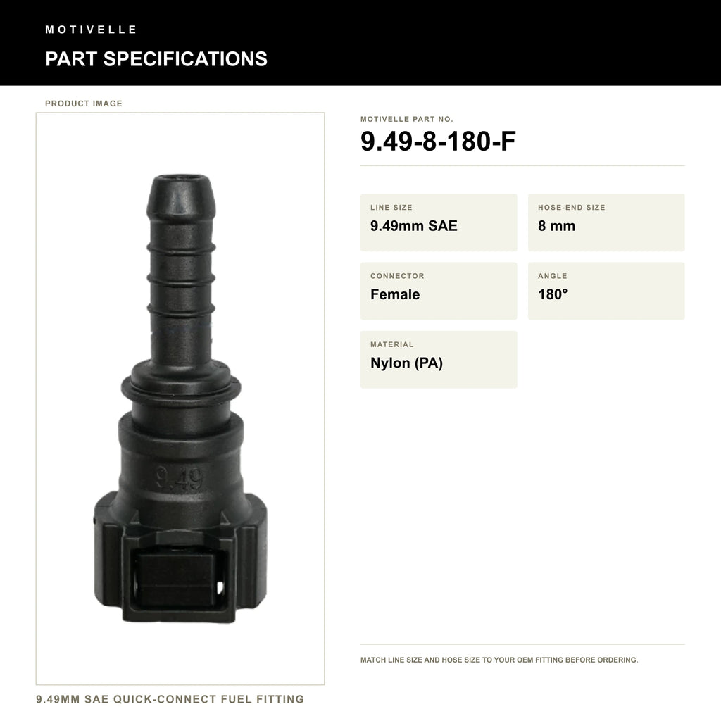 Motivelle 9.49mm SAE Quick-Connect Fuel Fitting — Female, 180° (9.49-8-180-F) - specifications