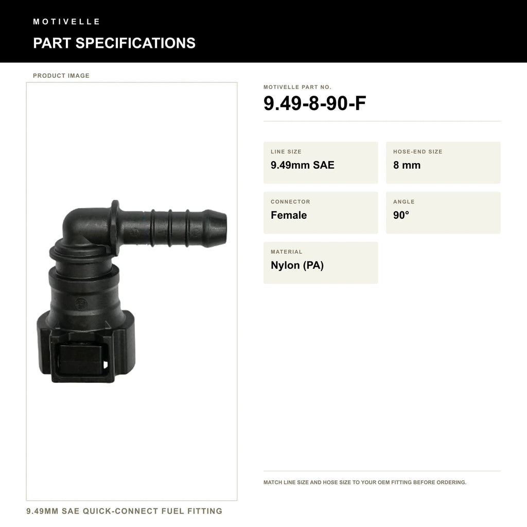 Motivelle 9.49mm SAE Quick-Connect Fuel Fitting — Female, 90° (9.49-8-90-F) - specifications
