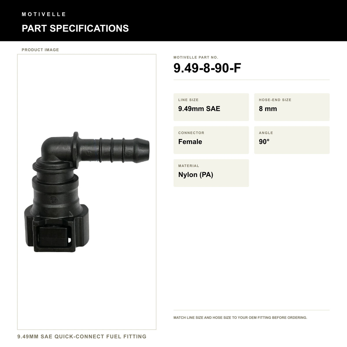Motivelle 9.49mm SAE Quick-Connect Fuel Fitting — Female, 90° (9.49-8-90-F) - specifications