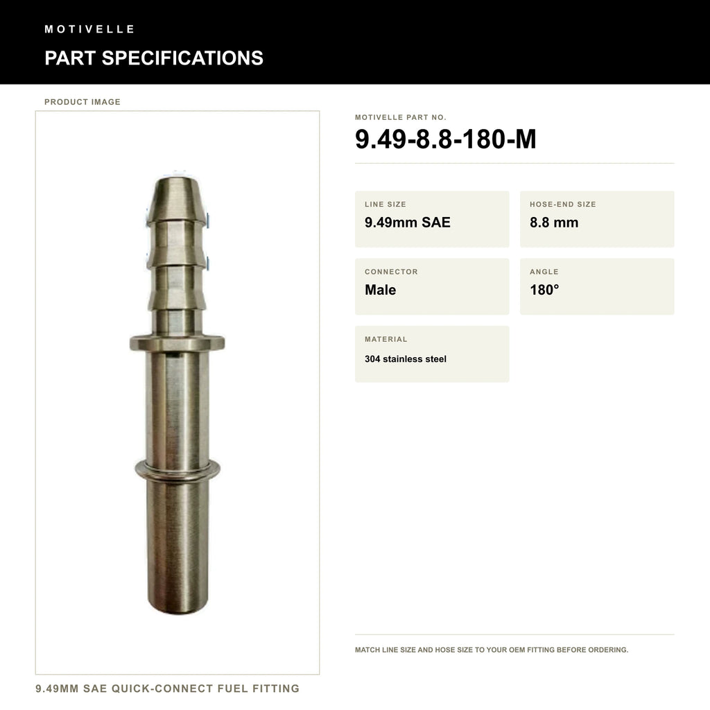 Motivelle 9.49mm SAE Quick-Connect Fuel Fitting — Male, 180° (9.49-8.8-180-M) - specifications