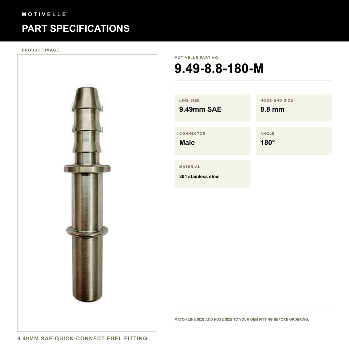 Motivelle 9.49mm SAE Quick-Connect Fuel Fitting — Male, 180° (9.49-8.8-180-M) - specifications