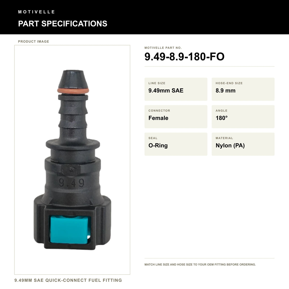 Motivelle 9.49mm SAE Quick-Connect Fuel Fitting — Female, 180°, O-Ring (9.49-8.9-180-FO) - specifications