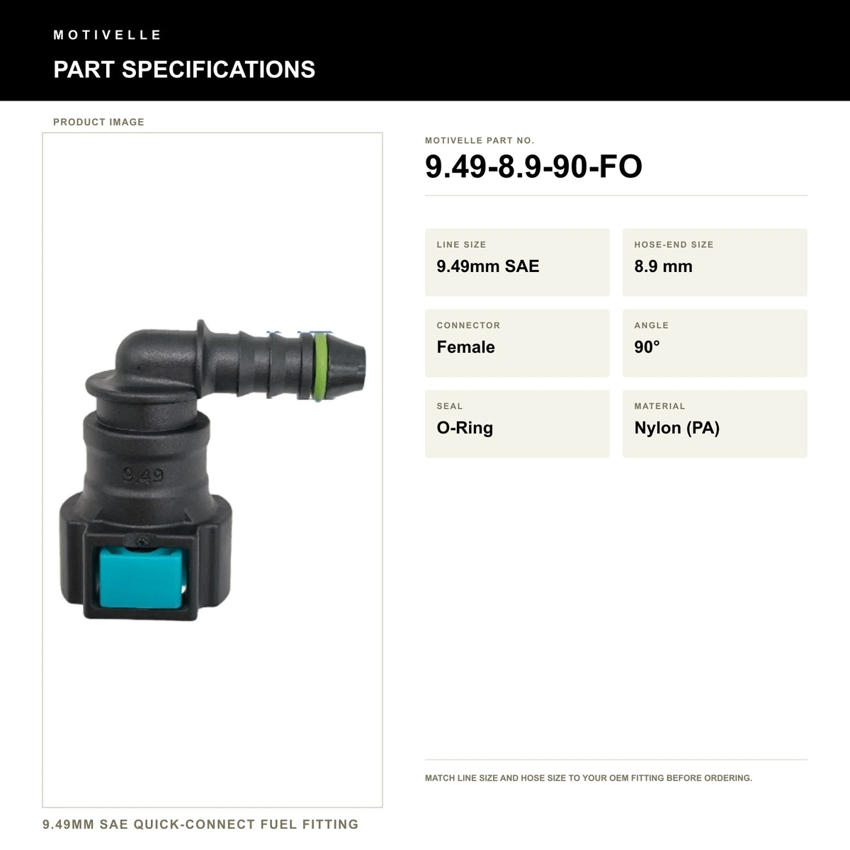 Motivelle 9.49mm SAE Quick-Connect Fuel Fitting — Female, 90°, O-Ring (9.49-8.9-90-FO) - specifications