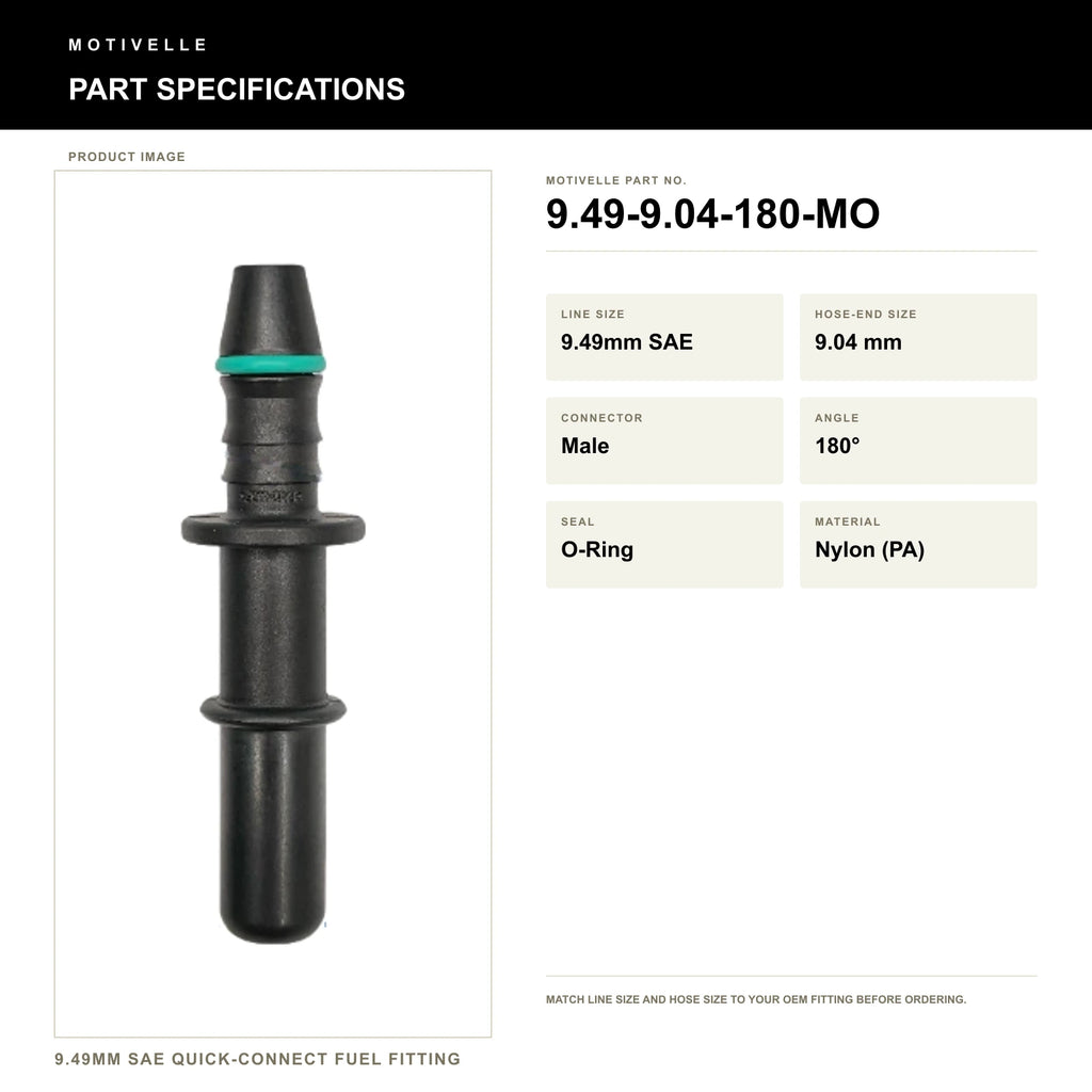 Motivelle 9.49mm SAE Quick-Connect Fuel Fitting — Male, 180°, O-Ring (9.49-9.04-180-MO) - specifications