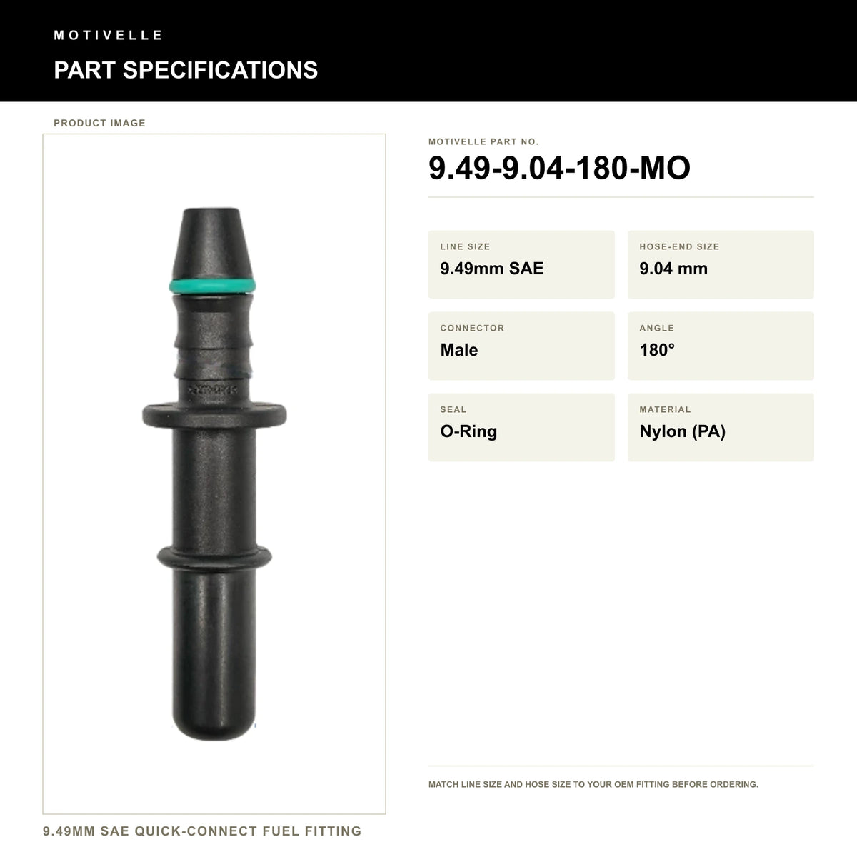 Motivelle 9.49mm SAE Quick-Connect Fuel Fitting — Male, 180°, O-Ring (9.49-9.04-180-MO) - specifications
