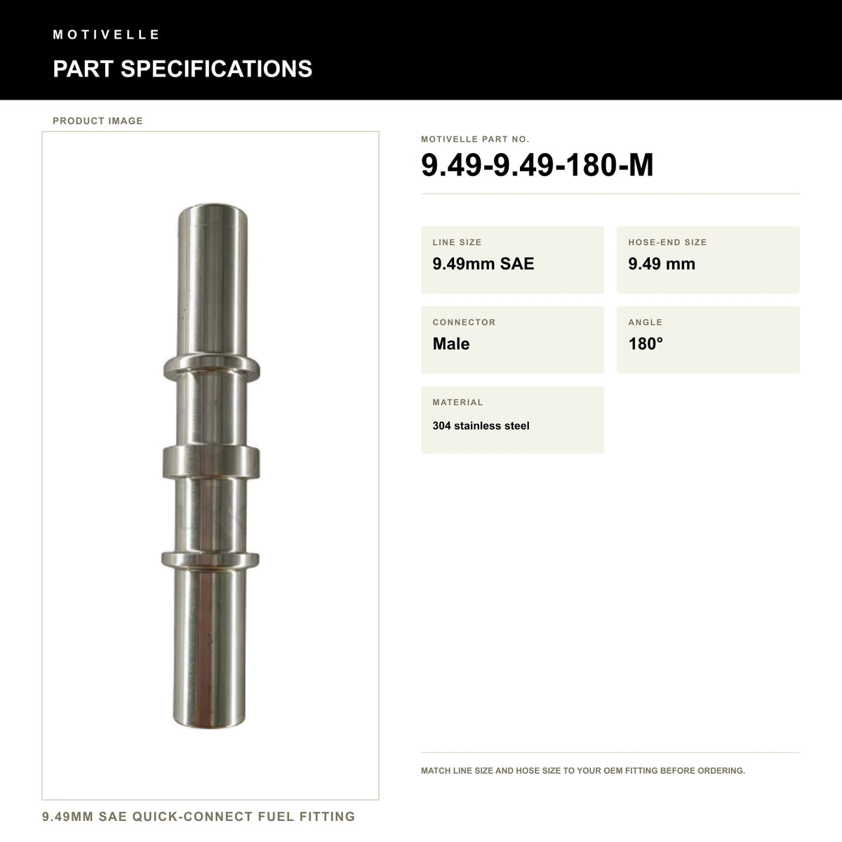 Motivelle 9.49mm SAE Quick-Connect Fuel Fitting — Male, 180° (9.49-9.49-180-M) - specifications