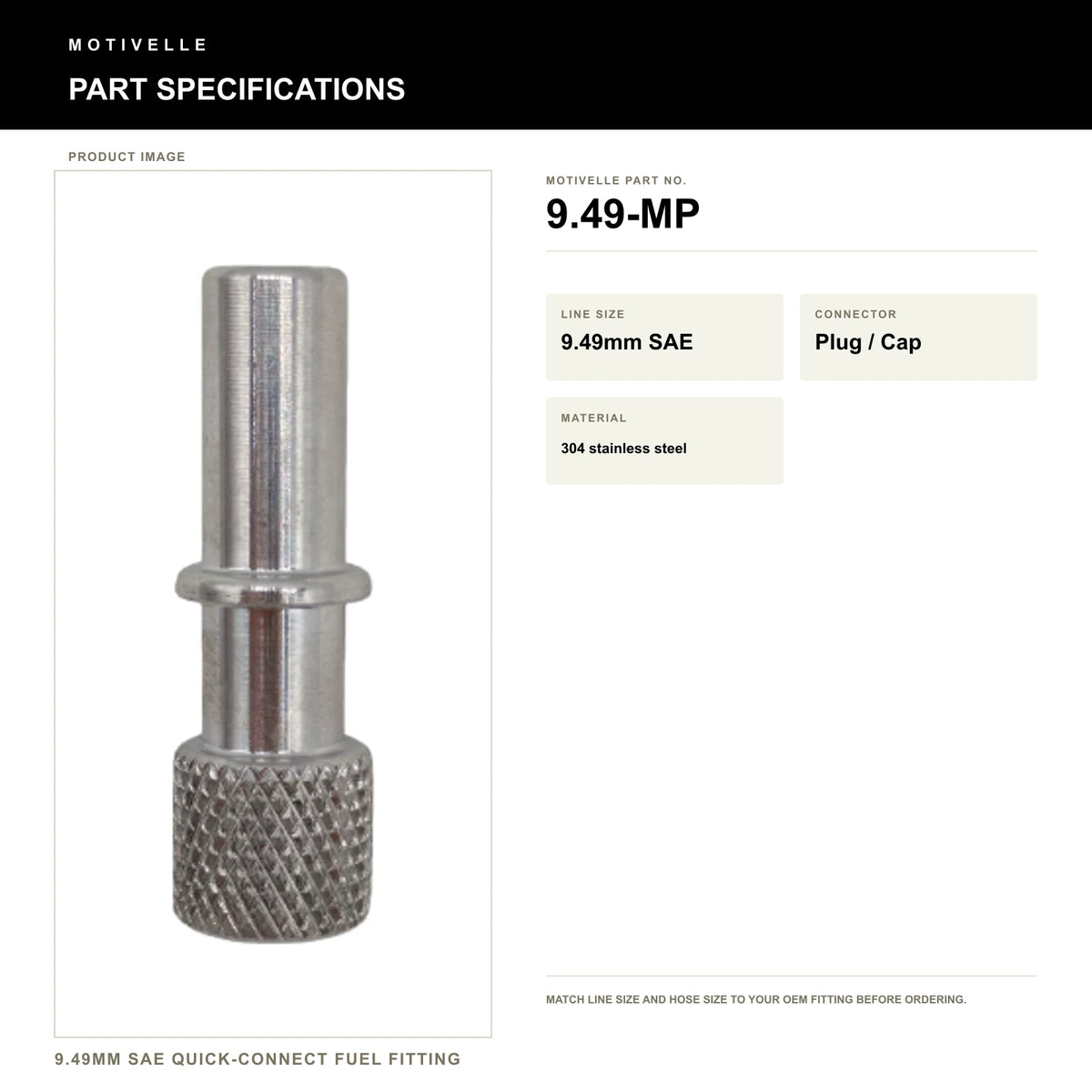 Motivelle 9.49mm SAE Quick-Connect Fuel Fitting — Plug / Cap, See SKU (9.49-MP) - specifications