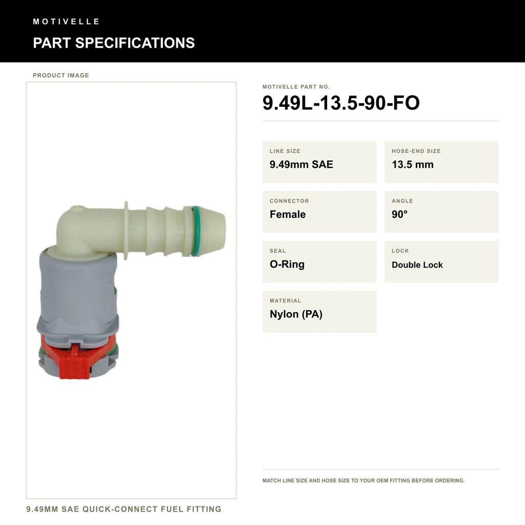 Motivelle 9.49mm SAE Quick-Connect Fuel Fitting — Female, 90°, O-Ring (9.49L-13.5-90-FO) - specifications