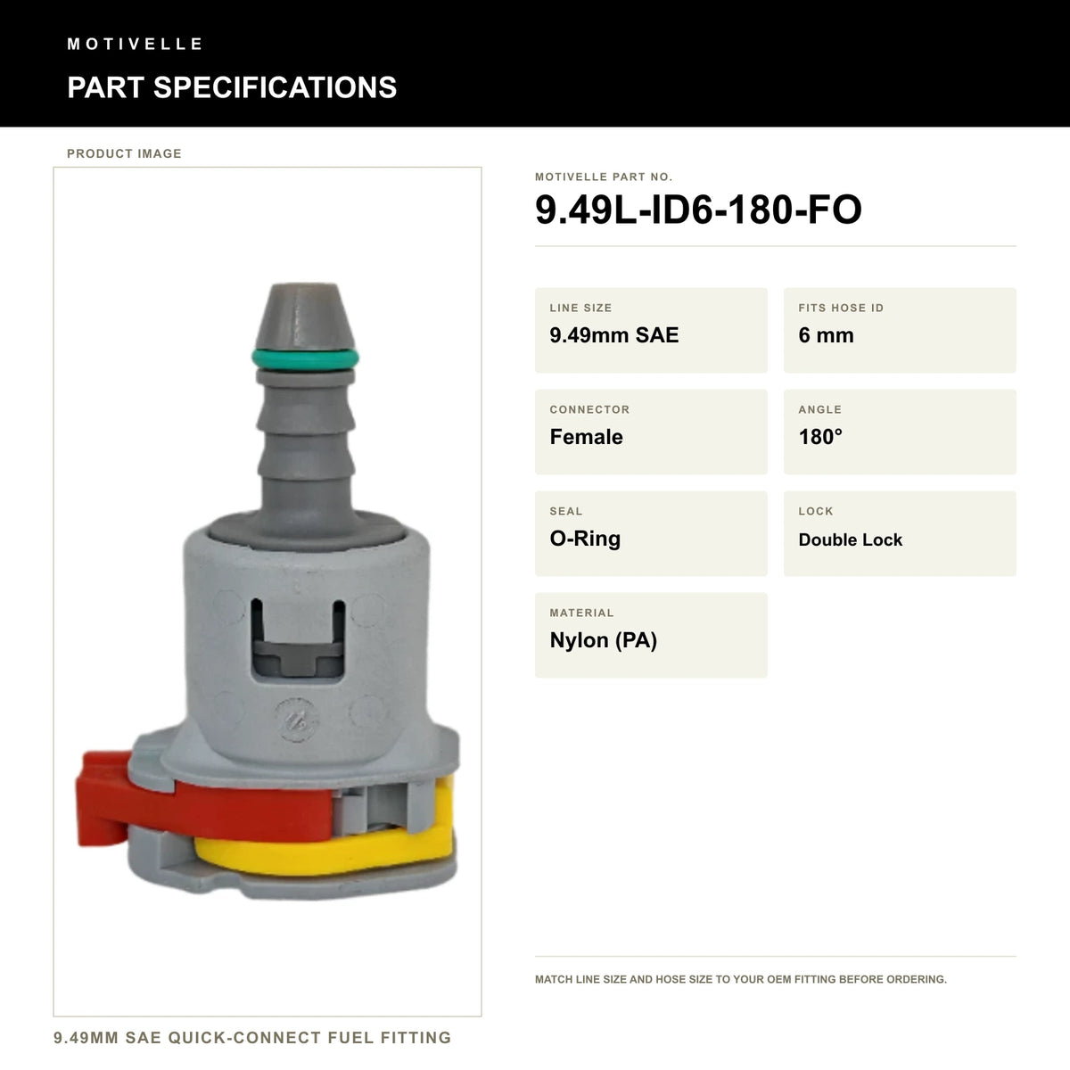 Motivelle 9.49mm SAE Quick-Connect Fuel Fitting — Female, 180°, O-Ring (9.49L-ID6-180-FO) - specifications