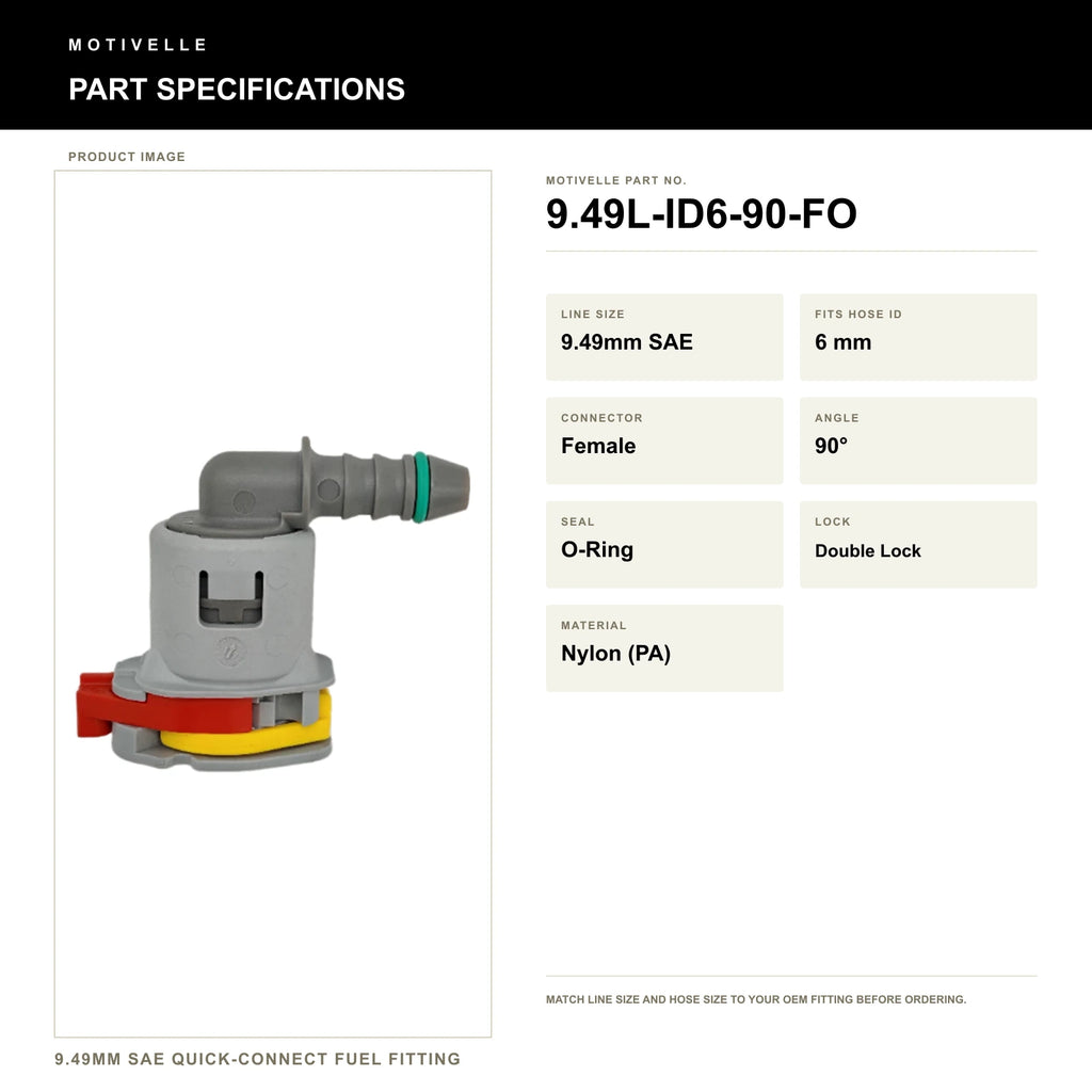 Motivelle 9.49mm SAE Quick-Connect Fuel Fitting — Female, 90°, O-Ring (9.49L-ID6-90-FO) - specifications