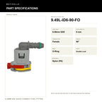 Motivelle 9.49mm SAE Quick-Connect Fuel Fitting — Female, 90°, O-Ring (9.49L-ID6-90-FO) - specifications