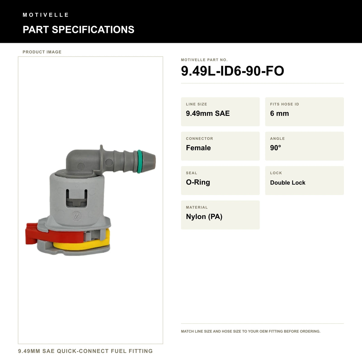Motivelle 9.49mm SAE Quick-Connect Fuel Fitting — Female, 90°, O-Ring (9.49L-ID6-90-FO) - specifications
